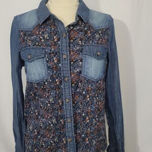 VTG Y2K 90s Mudd Cotton Denim LS Western Button Up Shirt L Retro Floral